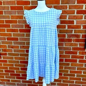 Aaron &.Amber Blue & White Gingham Flutter Sleeve Tiered Dress Womens Small